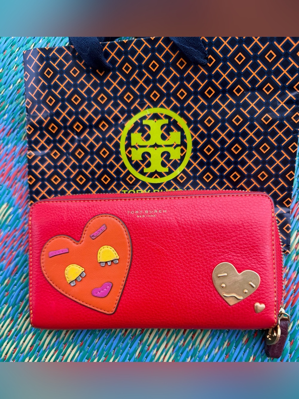 Tory Burch Red Leather Heart Appliqué Zip Wallet
